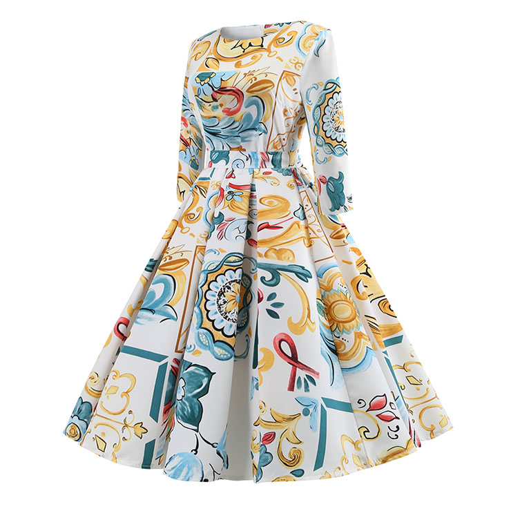 Sexy A-line Swing Dress, Fashion Dresses for Women, Cocktail Party Dress, Fashion Half-Sleeve Swing Dresses, A-line Casul Dresses, Round Neck High Waist Dress, Printed A-Line Dress, #N20418