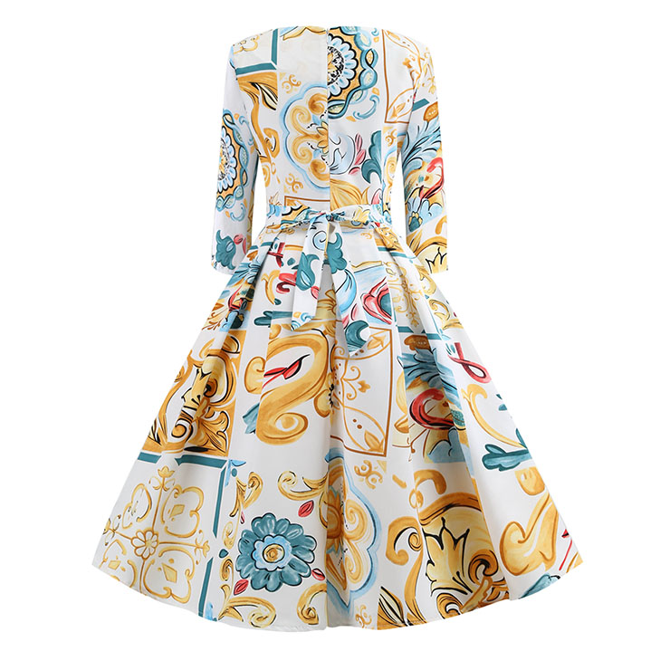 Sexy A-line Swing Dress, Fashion Dresses for Women, Cocktail Party Dress, Fashion Half-Sleeve Swing Dresses, A-line Casul Dresses, Round Neck High Waist Dress, Printed A-Line Dress, #N20418