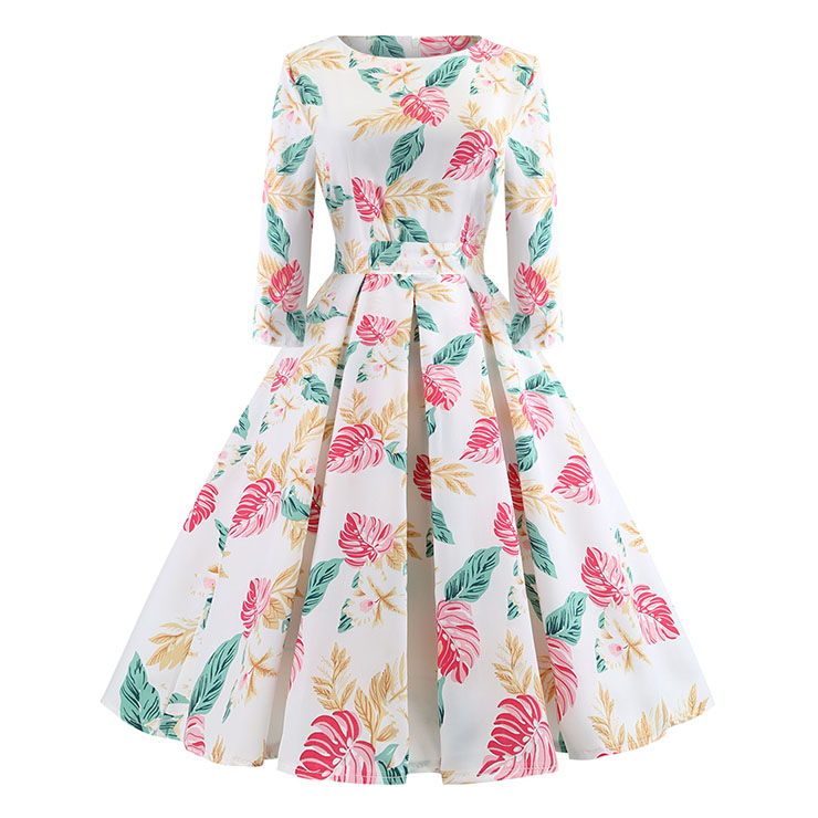 Vintage Hepburn Round Neck Half Sleeve High Waist Colored Leaves Print Swing A-line Dress N20419