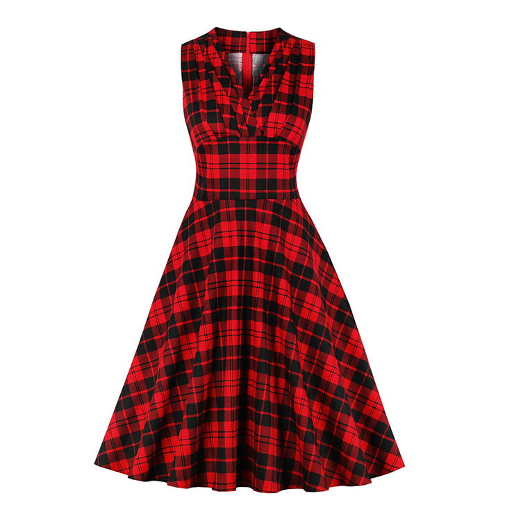 Retro Black And Red Checkered V Neck Sleeveless High Waist Party Swing ...