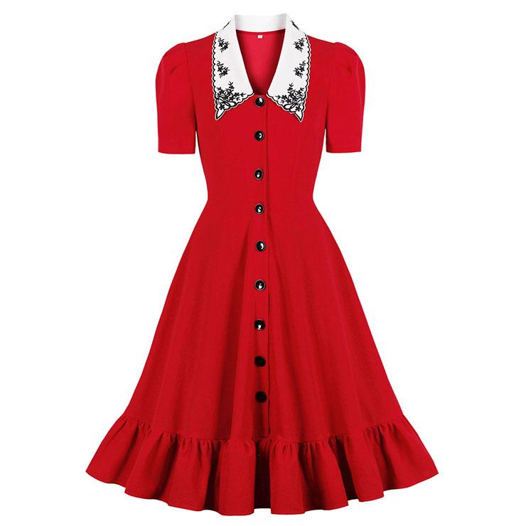 Elegant Red Doll Collar Short Sleeve Front Button High Waist Ruffle Dress N21350