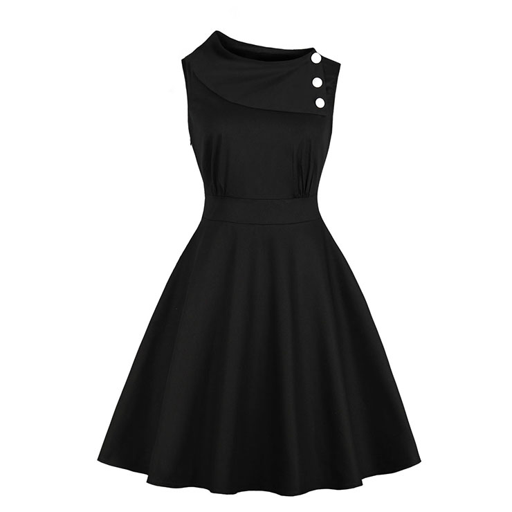 Vintage Sideway Collar with Buttons Sleeveless High Waist Midi Dress N18867