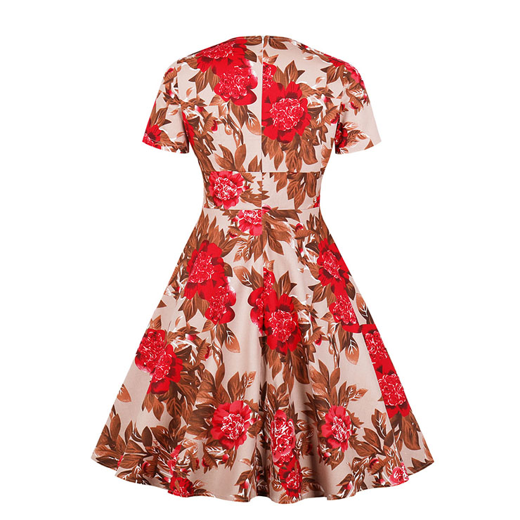 Cute Summertime Printed A-line Swing Dress, Retro Printed Dresses for Women 1960, Vintage Floral Printed Dresses 1950