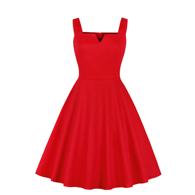 Vintage Red Spaghetti Straps V Neck Bodice Summer Swing Dress N18878