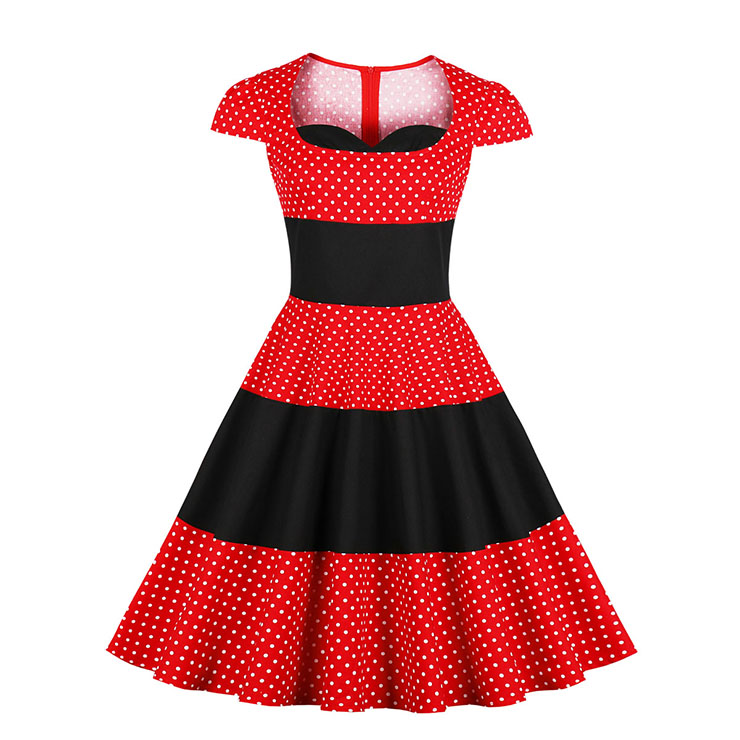 Vintage Heart-shaped Bodice Polka Dots Short Sleeve High Waist A-line Dress N18899