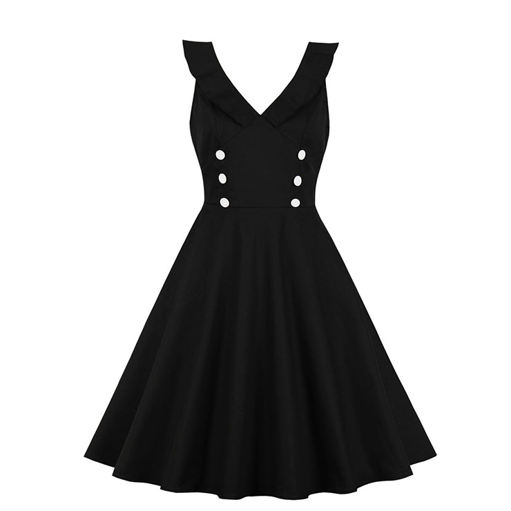 Retro Low-cut Ruffle Lapel Double-breasted Sleeveless High Waist Midi Dress N18903