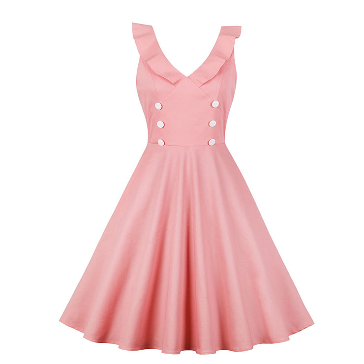 Retro Low-cut Ruffle Lapel Double-breasted Sleeveless High Waist Midi Dress N18904