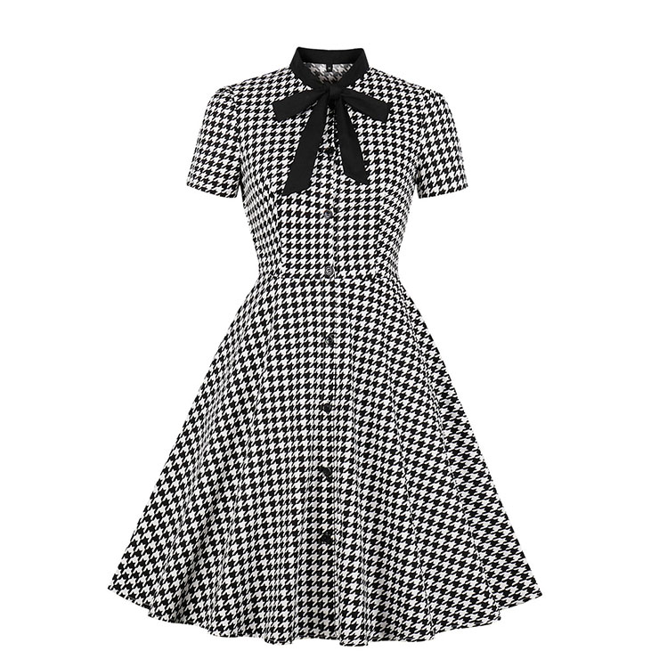 Vintage Houndstooth Butterfly Collar Short Sleeve High Waist Midi Dress N18906