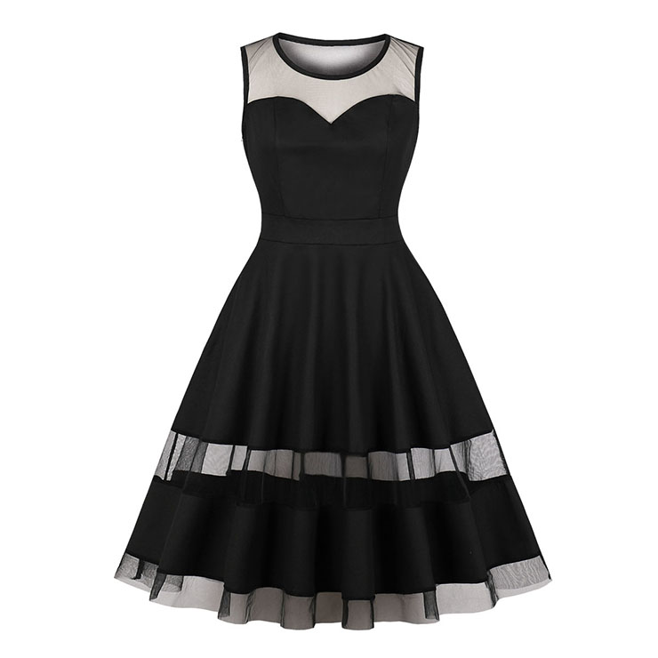 Sexy Black See-through Mesh Patchwork Heart Bodice Sleeveless Party Midi Dress N18960