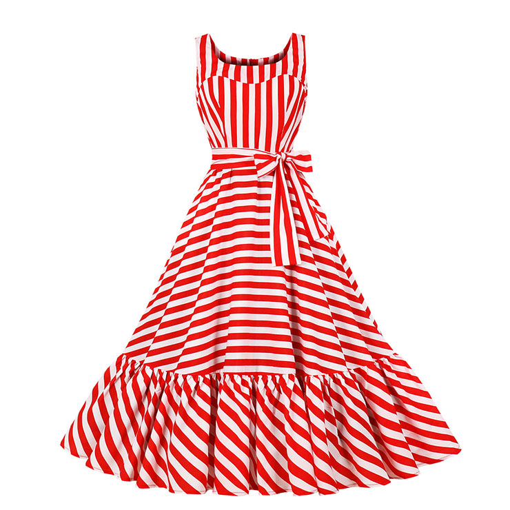 Vintage Rockabilly Striped Sleeveless Tank Frock High Waist Sundress N18961