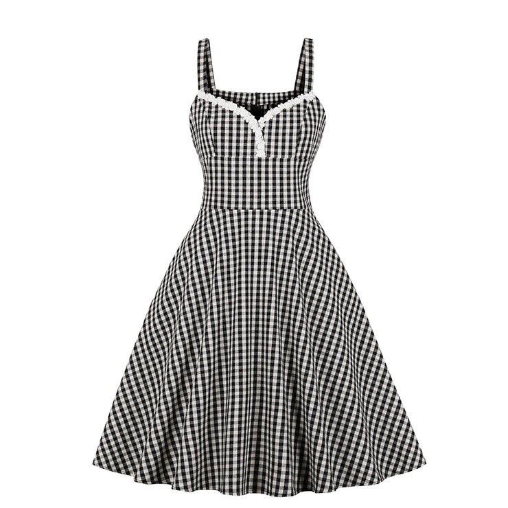 Vintage Rockabilly Checkered Strap Sleeveless Braces Frock High Waist Swing Dress N18962