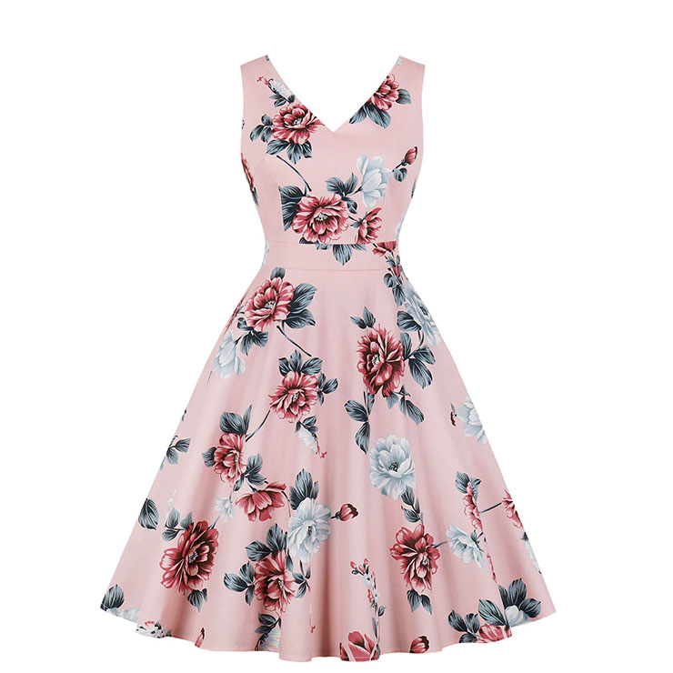 Retro Rockabilly Floral Print V Neckline Sleeveless Frock Party Midi Dress N18964