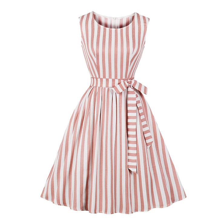 Vintage Rockabilly Vertical Striped Round Collar Sleeveless Frock Summer Day Dress N18979