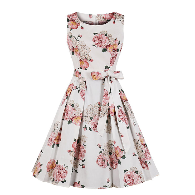 Vintage Rockabilly Floral Printed Round Collar Sleeveless Frock Summer Day Dress N18980