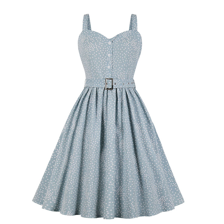 Retro Rockabilly Polka Dots Sweetheart Neckline Spaghetti Straps Frock Summer Day Dress N18982