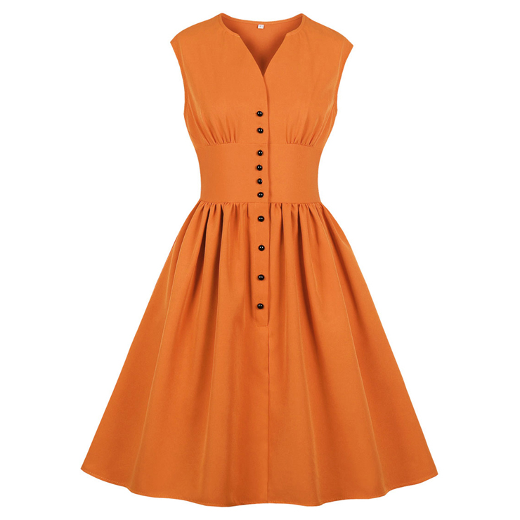 Vintage V Neckline Front Buttons Sleeveless High Waist Summer Day Swing Dress N18987