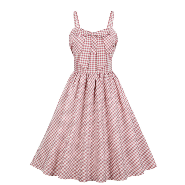 Vintage Rockabilly Checkered Sweetheart Neckline Spaghetti Straps Frock Summer Swing Dress N18989