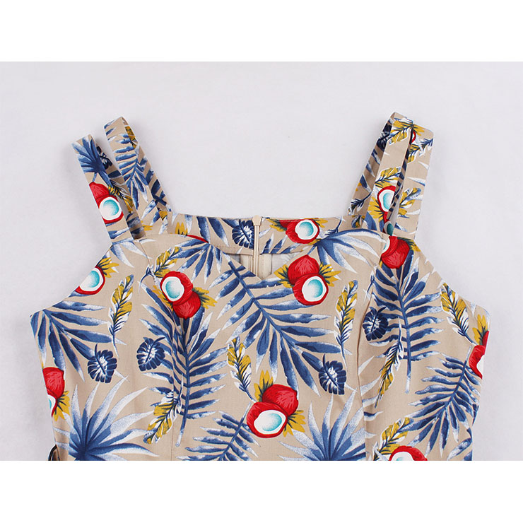 Fashion Tropical Printed Cocktail Party Midi Dress, Retro Cocktail Midi Dress, Vintage High Waist Midi Dress, Retro Dresses for Women 1960, Vintage Dresses 1950