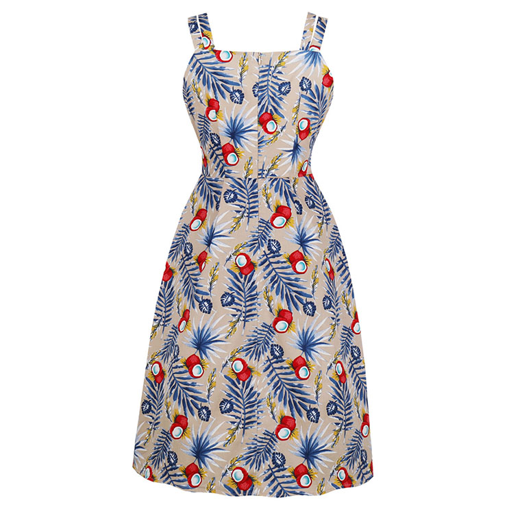 Fashion Tropical Printed Cocktail Party Midi Dress, Retro Cocktail Midi Dress, Vintage High Waist Midi Dress, Retro Dresses for Women 1960, Vintage Dresses 1950