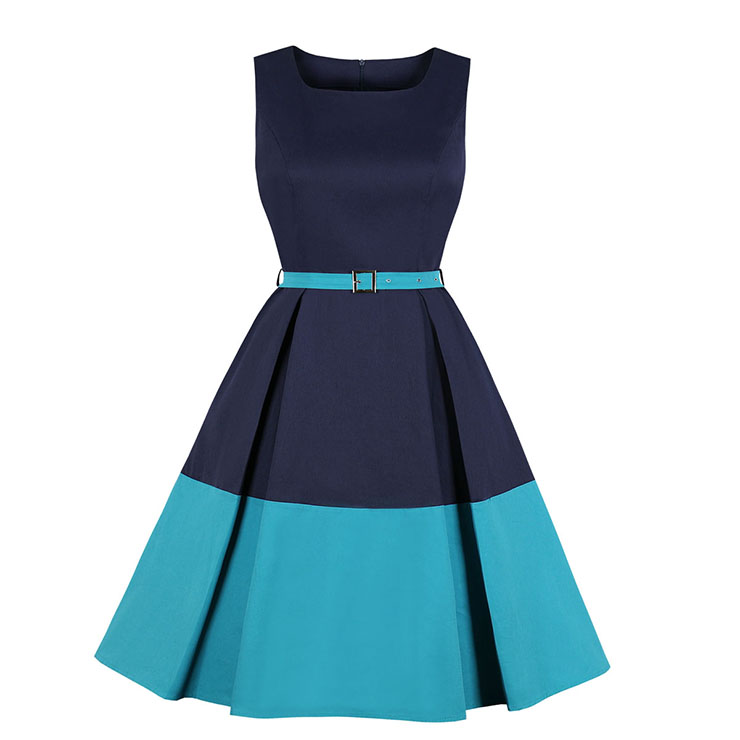 Elegant Crew Neck Sleeveless Contrast Color Patchwork Midi Formal Dress With Belt N19026