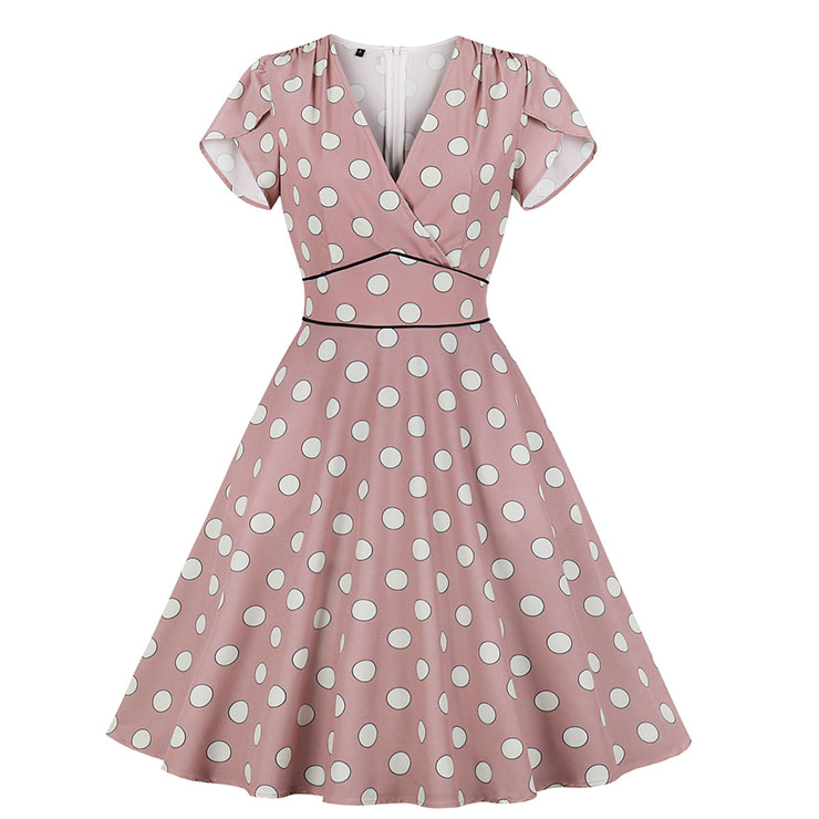 Fashion Casual Polka Dots V Neckline Petal Sleeve High Waist Swing Dress N19029