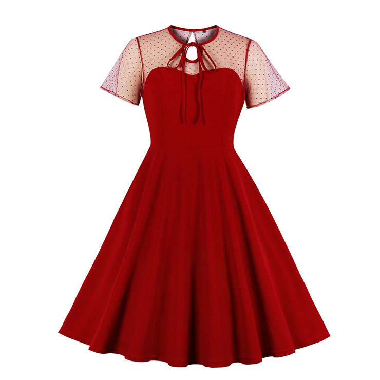 Vintage Sheer Mesh Patchwork Heart-shaped Bodice High Waist Swing Dress N19285