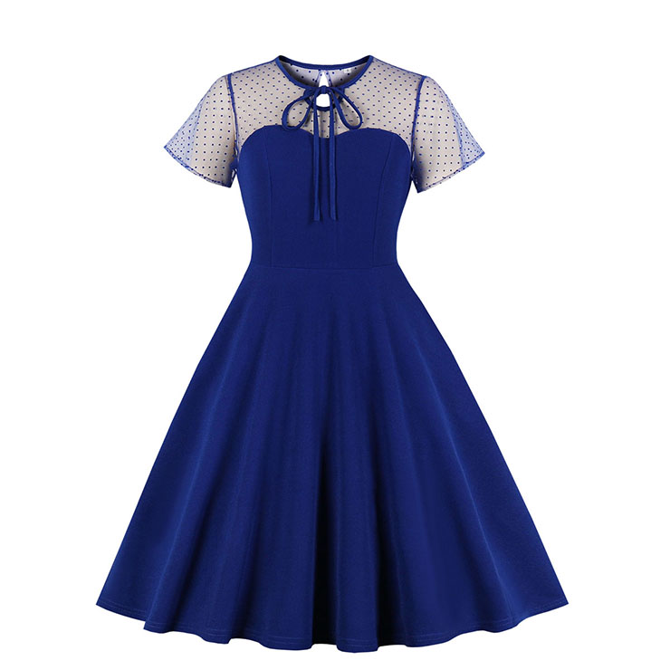 Vintage Sheer Mesh Patchwork Heart-shaped Bodice High Waist Swing Dress N19286