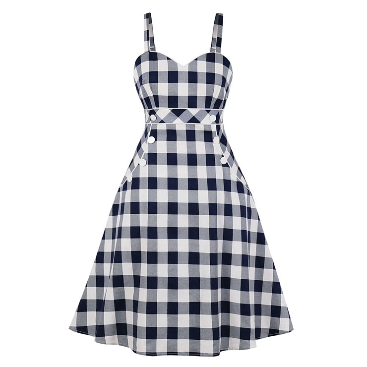 Vintage Black And White Checkered Spaghetti Straps Sleeveless High Waist Swing Dress N20521