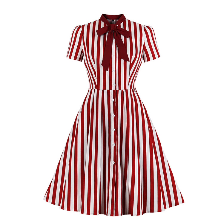 Vintage Vertical Striped Butterfly Collar Short Sleeve High Waist Button Midi Dress N20762