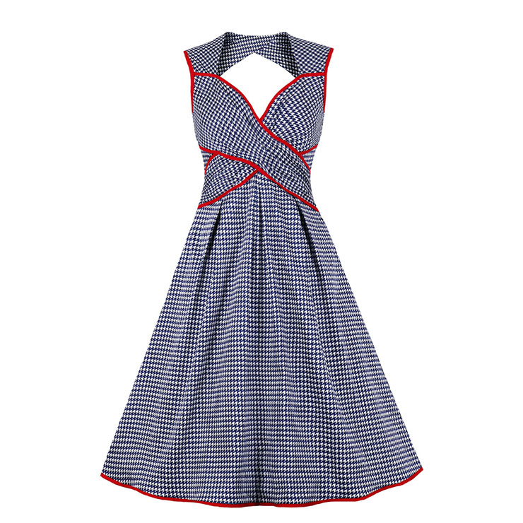Retro Blue Halter Grid Printed Lace-up Backless High Waist Swing Dress N21336