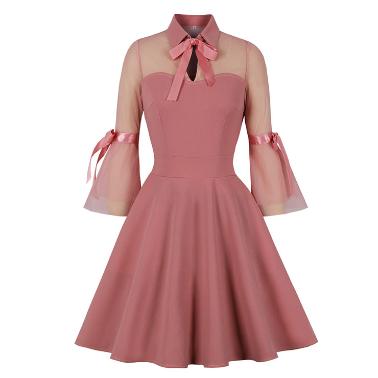 Sexy Pink See-through Mesh Patchwork Turndown Collar Flare Sleeve High Waist Swing Dress N22042