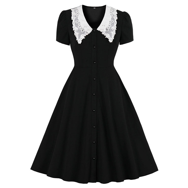 Vintage Doll Collar Short Sleeve Front Button High Waist Contrast Color Swing Dress N21351
