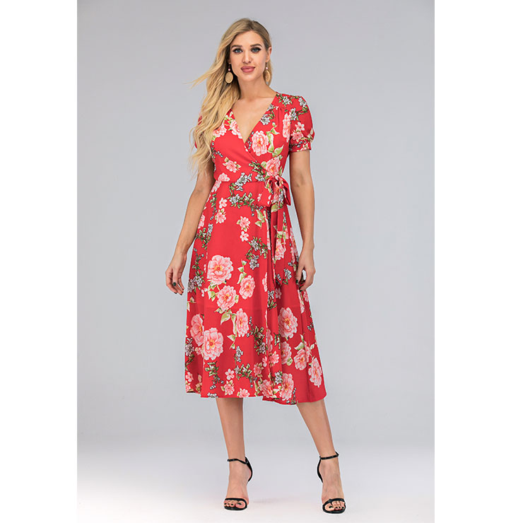 Vintage Red Floral Printed V Neck Short Sleeve Side Tying Holiday Big Swing Dress N20520