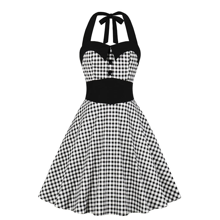 Vintage Houndstooth Sweetheart Neckline Strappy Halter Frock Summer Swing Dress N19199