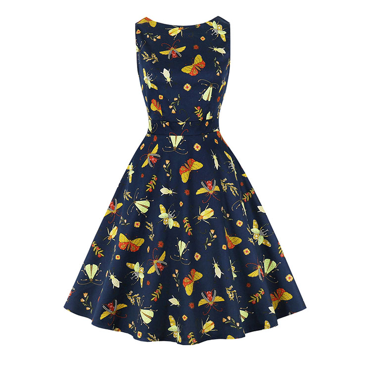 Vintage Insect Print Round Neckline Sleeveless High Waist Summer Cocktail Party Swing Dress N21860