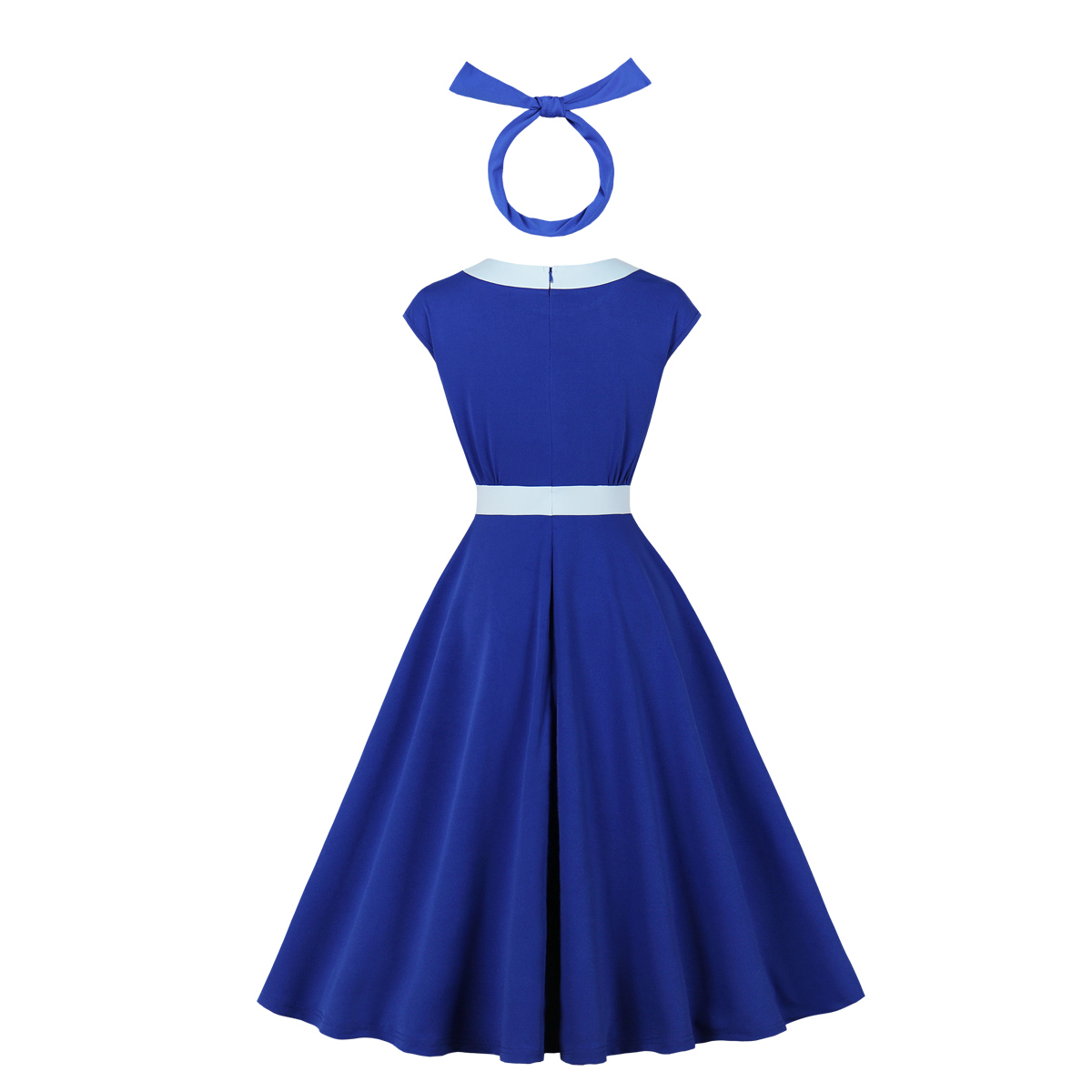 vintage style, light blue trim, side bow design, sleeveless, waist belt, flared A-line skirt, matching headband, elegant silhouette, round neck, sweet and playful #N23818