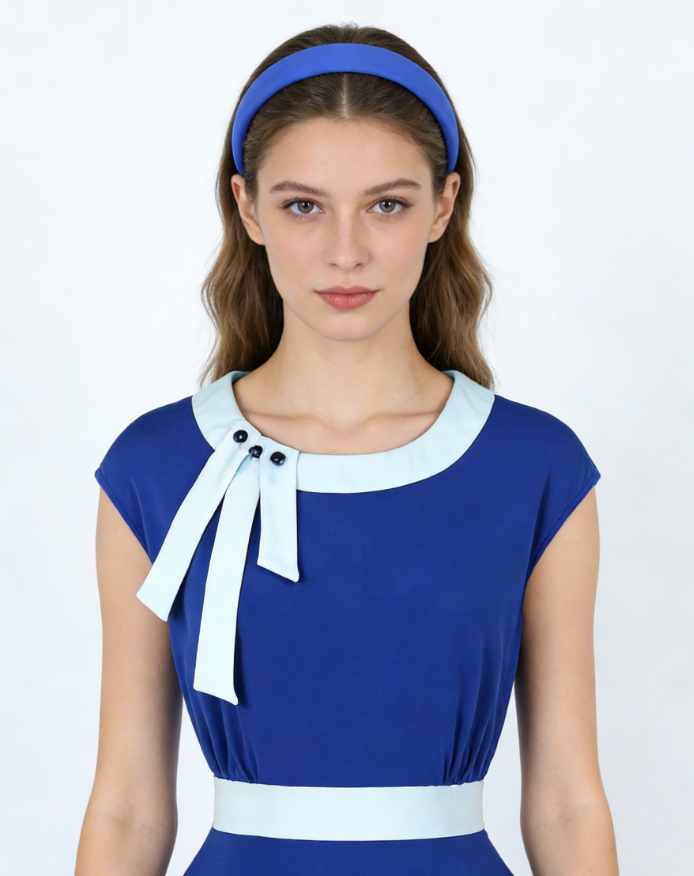vintage style, light blue trim, side bow design, sleeveless, waist belt, flared A-line skirt, matching headband, elegant silhouette, round neck, sweet and playful #N23818