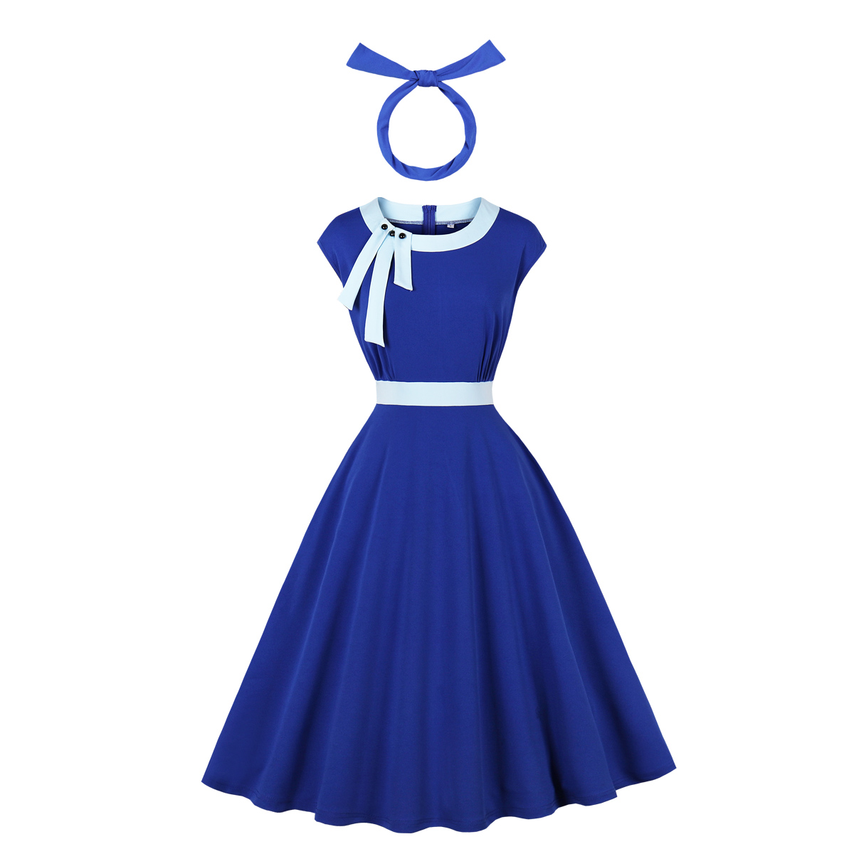 vintage style, light blue trim, side bow design, sleeveless, waist belt, flared A-line skirt, matching headband, elegant silhouette, round neck, sweet and playful #N23818