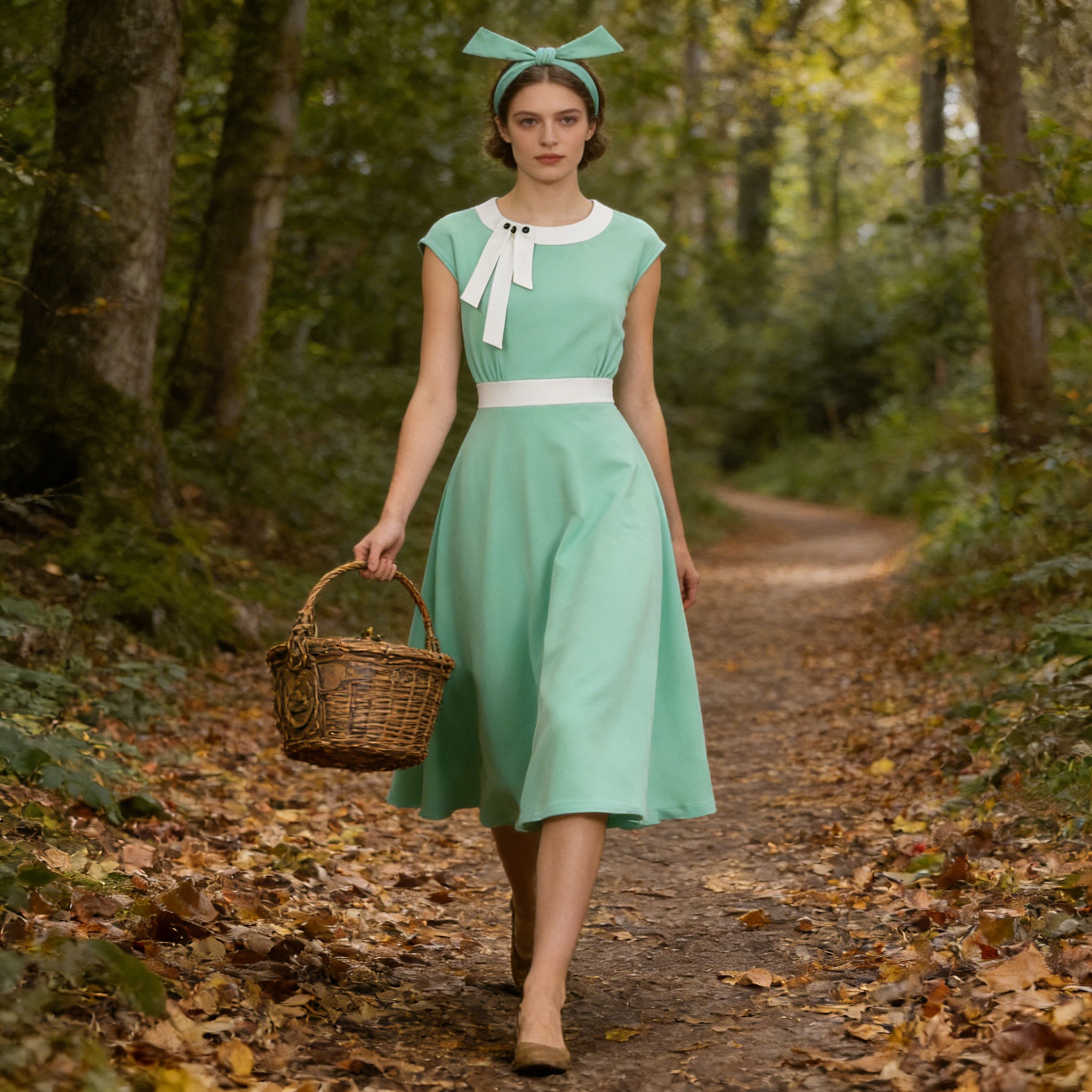 Vintage Mint Green Short Sleeve Dress with White Bow and Matching Headband, A-Line Retro Flared SkirtN23819