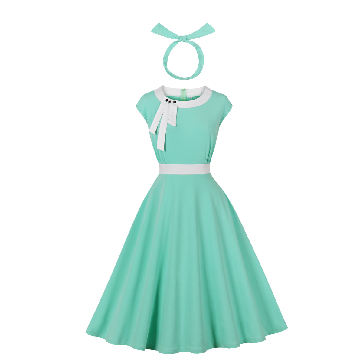Vintage style, Mint green color, Short sleeve, White collar and belt, Decorative bow with black buttons, Flared A-line skirt, Matching headband included, Comfortable fabric, Perfect for themed events, Easy-to-wear classic design #N23819