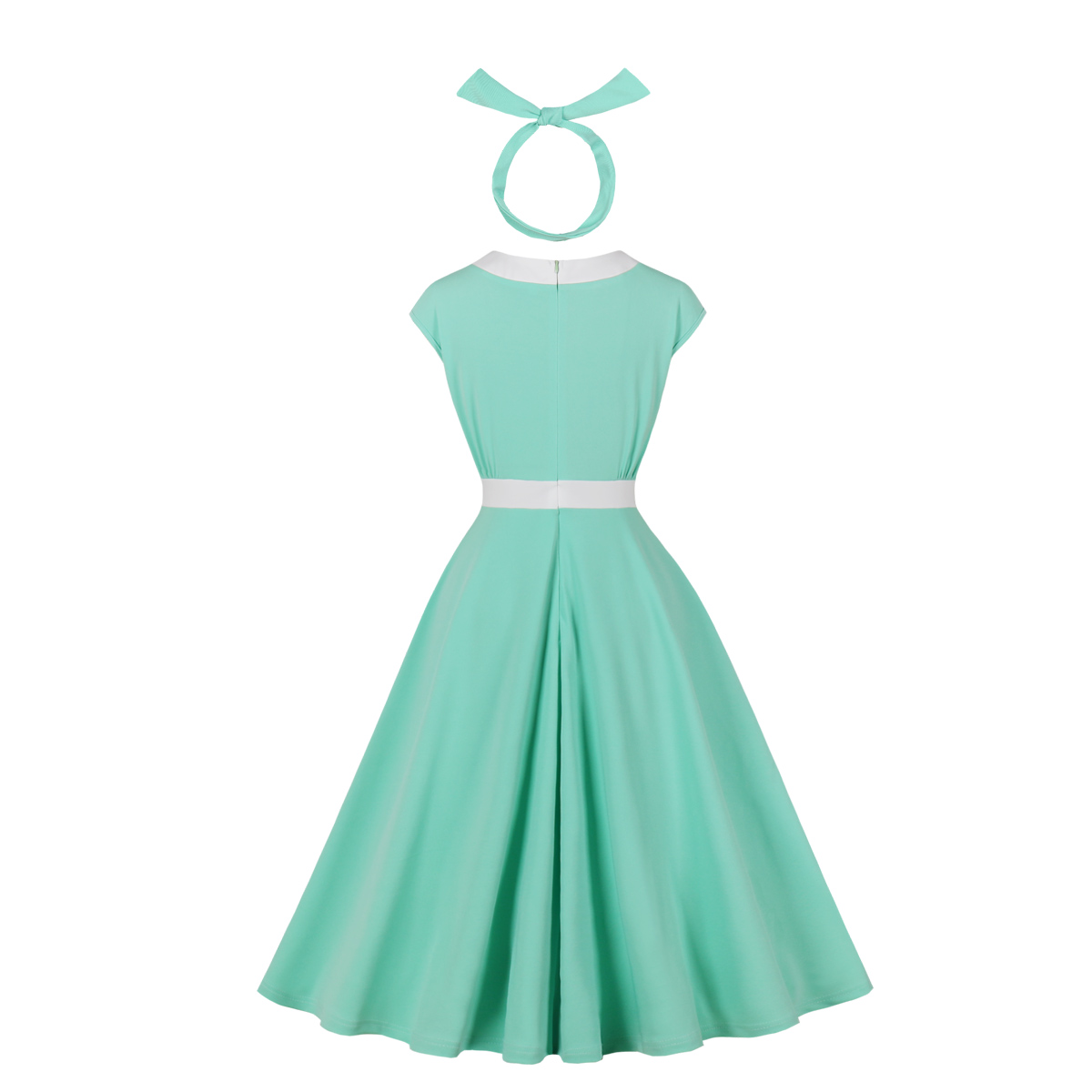 Vintage style, Mint green color, Short sleeve, White collar and belt, Decorative bow with black buttons, Flared A-line skirt, Matching headband included, Comfortable fabric, Perfect for themed events, Easy-to-wear classic design #N23819