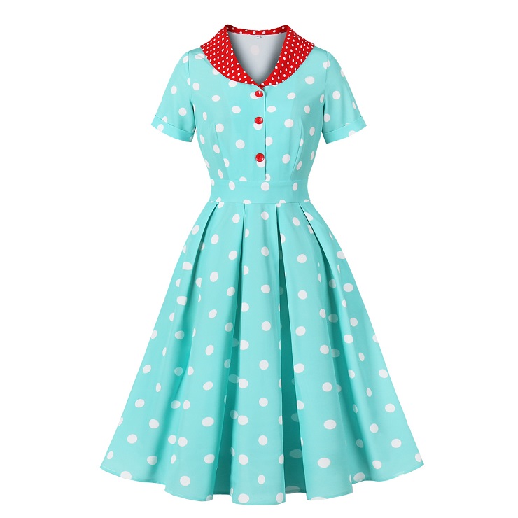 Vintage-Inspired Teal Polka Dot Dress with Contrast Red Collar - Retro A-Line Swing Dress N237835