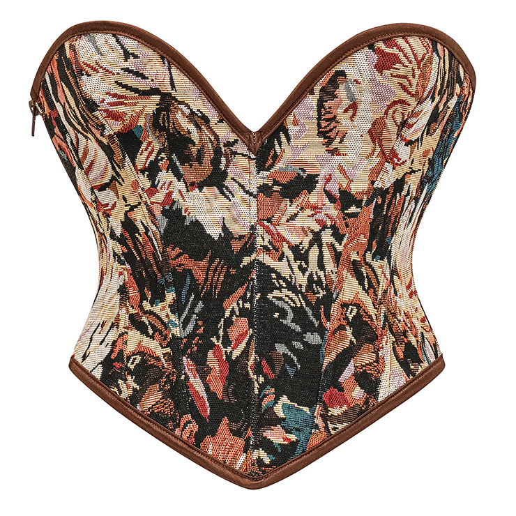 Vintage Jacquard Corset Top - Heart-shaped Neckline with Leather Trim and Front Lace-up N237844