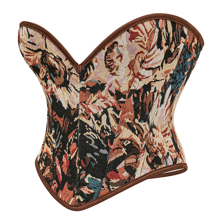 Vintage corset, jacquard bustier, heart neckline, leather trim corset, front lace-up top, retro shapewear, steampunk fashion, themed party top, adjustable waist cincher, boned bustier #N237844