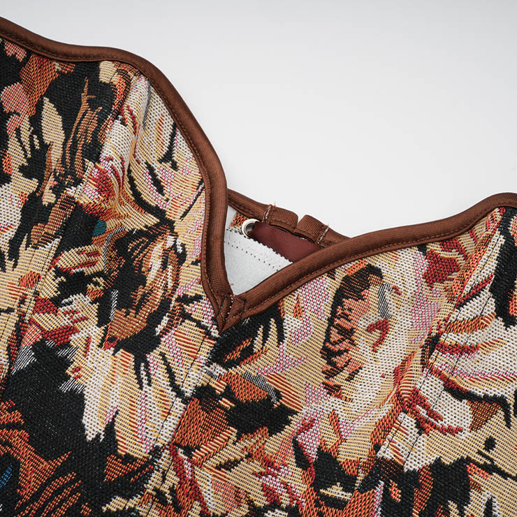 Vintage corset, jacquard bustier, heart neckline, leather trim corset, front lace-up top, retro shapewear, steampunk fashion, themed party top, adjustable waist cincher, boned bustier #N237844