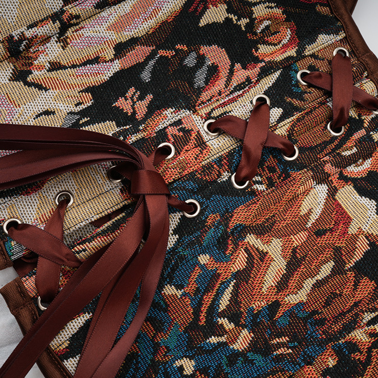 Vintage corset, jacquard bustier, heart neckline, leather trim corset, front lace-up top, retro shapewear, steampunk fashion, themed party top, adjustable waist cincher, boned bustier #N237844