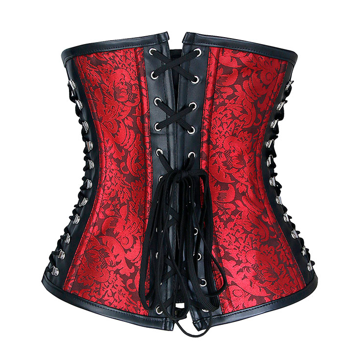 Steampunk Red Jacquard Black PU Panel Steel Boned Cincher Underbust ...