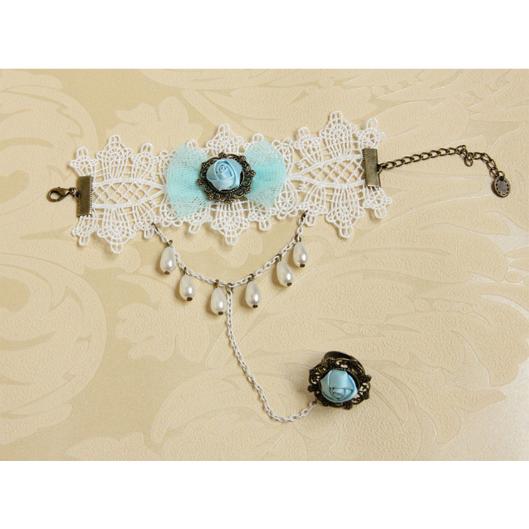 Vintage Lace Bracelet, Gothic Rose Bracelet, Cheap Wristband, Gothic White Lace Bracelet, Victorian Floral Lace Bracelet, Retro White Floral Lace Wristband, Bracelet with Ring, #J18091