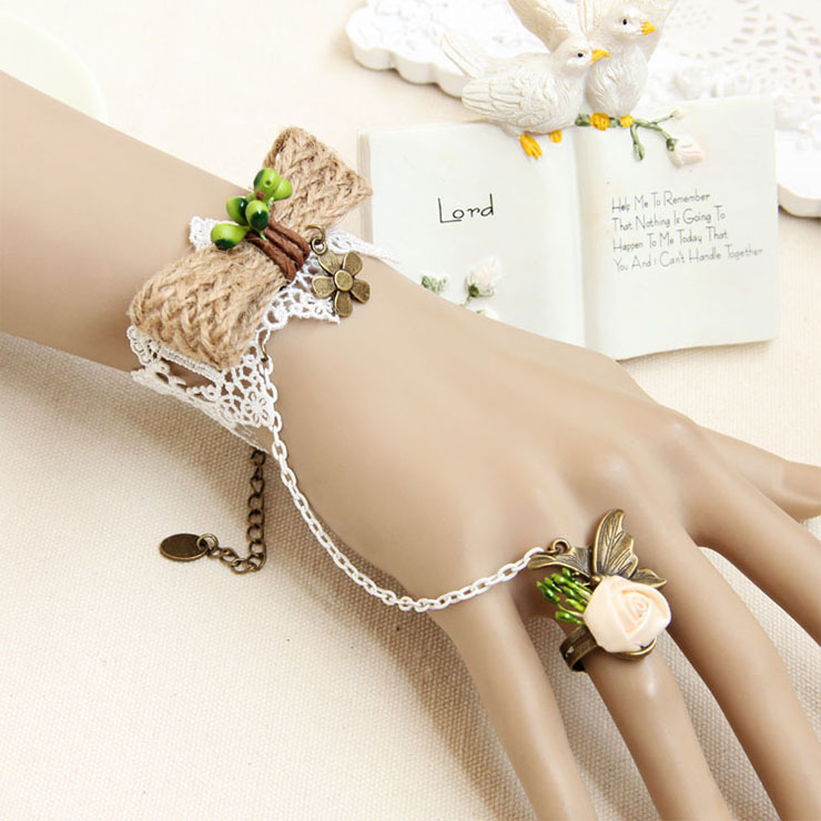 Vintage Floral Lace Wristband Braided Bowknot Embellishment Bracelet with Ring J17908