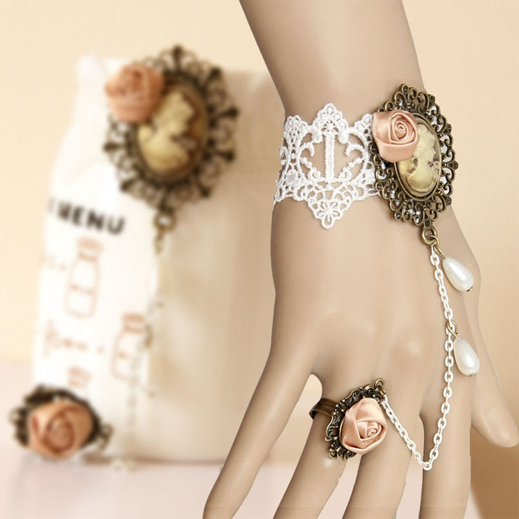 Vintage Bracelet, Gothic Bracelet, Cheap Wristband, Vintage White Lace Bracelet, Victorian Bracelet, Retro Wristband, Bracelet with Ring, #J17834